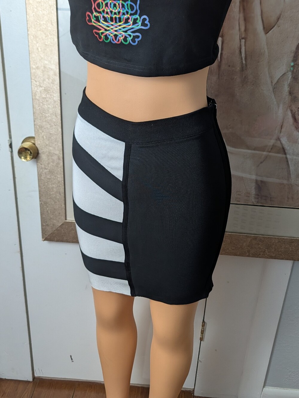 Bebe Black And White Striped Bodycon Mini skirt Size XS